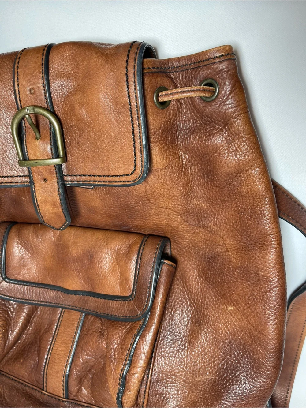 Vintage FOSSIL Cognac Brown Leather Drawstring Bucket Backpack Rucksack Bag